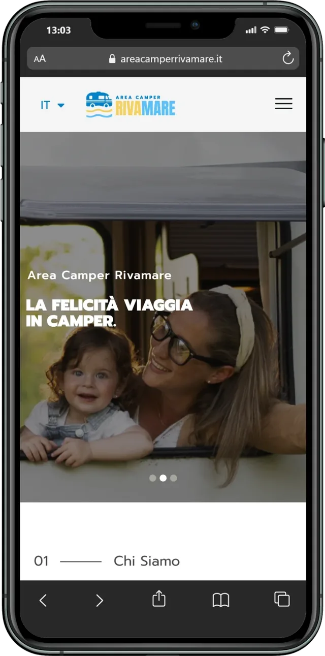 Lo stesso sito di Area Camper Rivamare visto da telefono