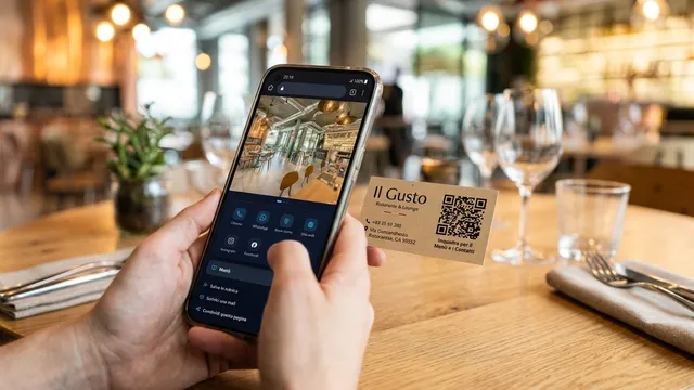 Cliente al tavolo che inquadra il QR di un bigliettino da visita e apre la GIBE DigiCard sul telefono