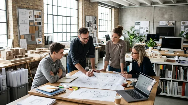 Professionisti di uno studio di architettura al lavoro attorno a un tavolo con progetti e portatile
