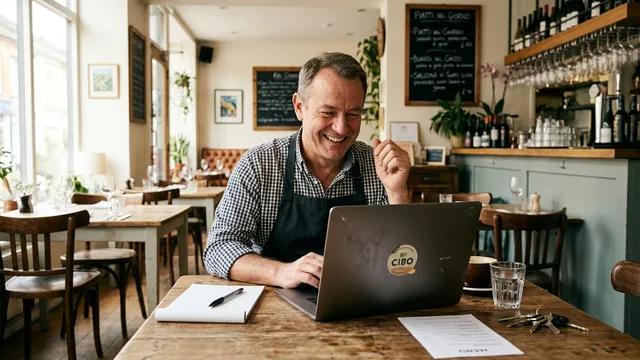 Ristoratore sorridente al computer nel suo locale