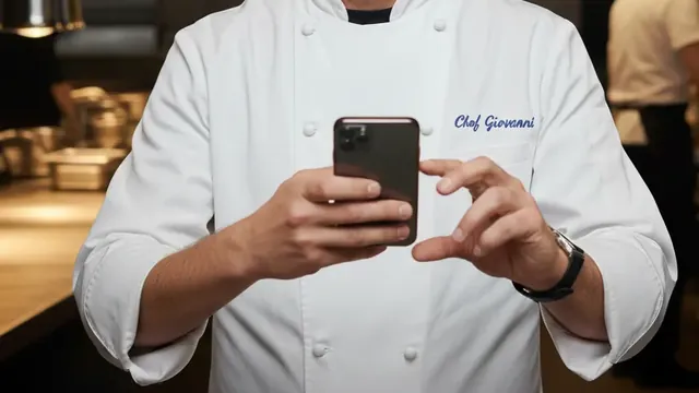 Mani di uno chef che aggiorna il menù dal telefono con Tarsio Menu